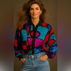 RARE NWT DEADSTOCK Vintage 80s Abstract Picasso Satin Bat Sleeve Loose Top 6